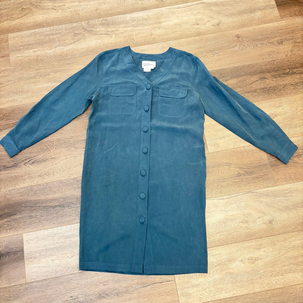 Victoria Soie Shirt Dress Women 8P Teal Vintage Silk Long Sleeve Petite Pocket